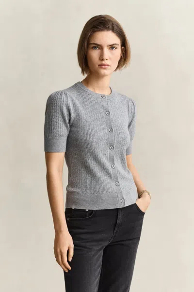 Gant Cable Knit Short Sleeve Cardigan In Gray