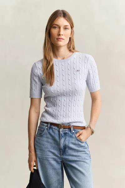 Gant Cable Knit Short Sleeve Sweater In Blue