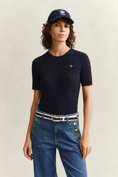 Gant Cable Knit Short Sleeve Sweater In Blue