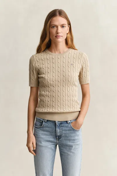 Gant Cable Knit Short Sleeve Sweater In Brown