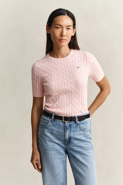 Gant Cable Knit Short Sleeve Sweater In Pink