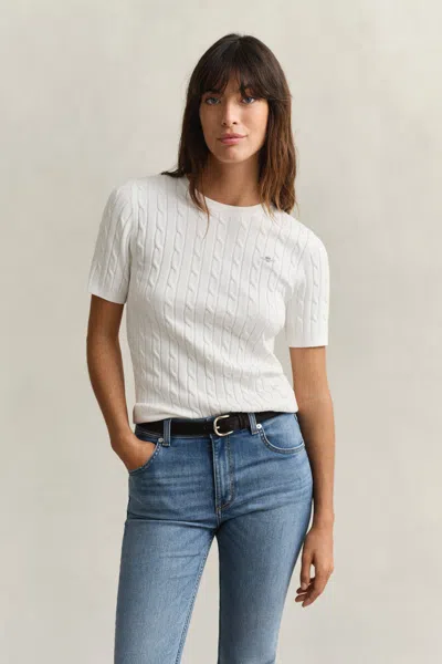Gant Cable Knit Short Sleeve Sweater In White
