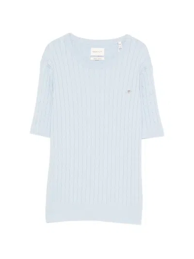 Gant Cable-knit Short-sleeve Top In Blue