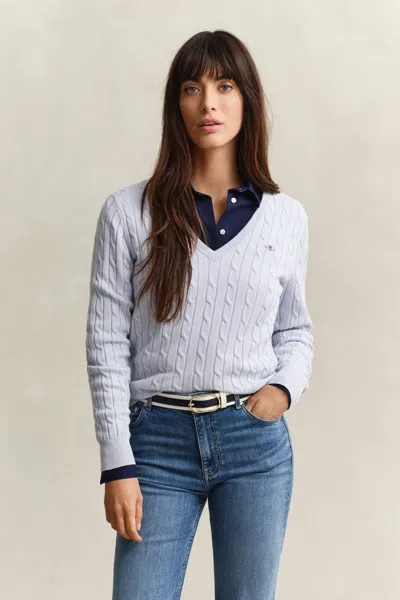 Gant Cable Knit V-neck Sweater In Blue