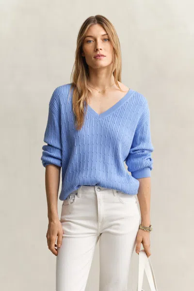 Gant Cable Knit V-neck Sweater In Blue