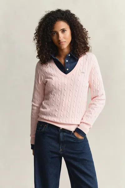 Gant Cable Knit V-neck Sweater In Pink