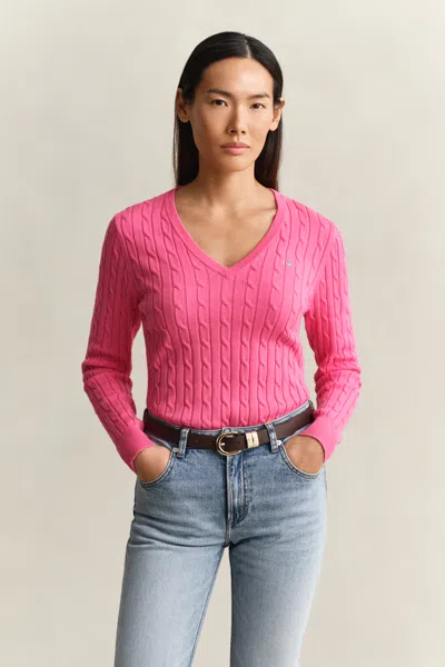 Gant Cable Knit V-neck Sweater In Pink