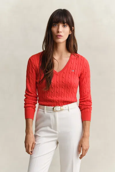 Gant Cable Knit V-neck Sweater In Red