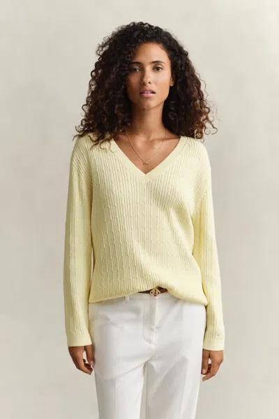 Gant Cable Knit V-neck Sweater In Yellow