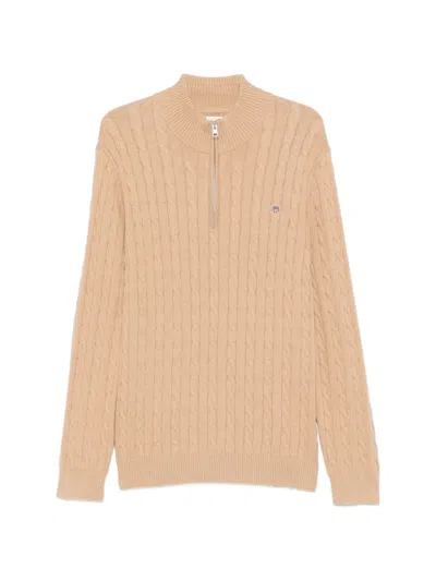 Gant Cable-knit Zip Sweater In Neutral