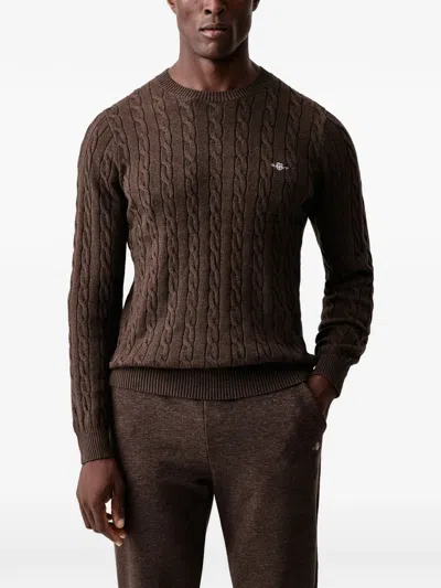 Gant Cable-knit Embroidered-logo Sweater In Brown