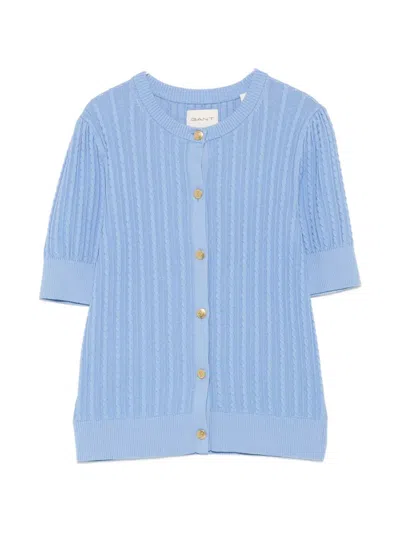 Gant Cable-knit Short-sleeve Cardigan In Blue