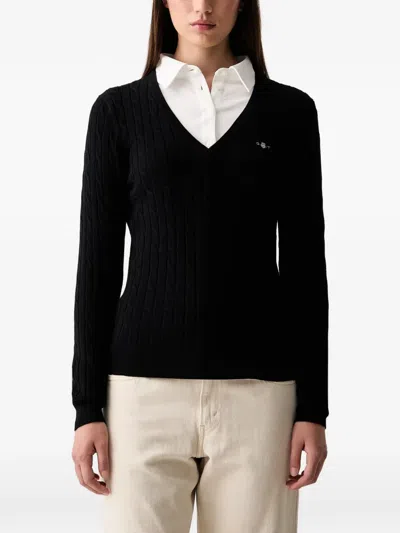 Gant Cable-knit V-neck Sweater In Black