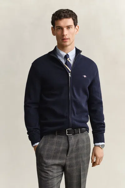 Gant Casual Cotton Zip Cardigan In Evening Blue