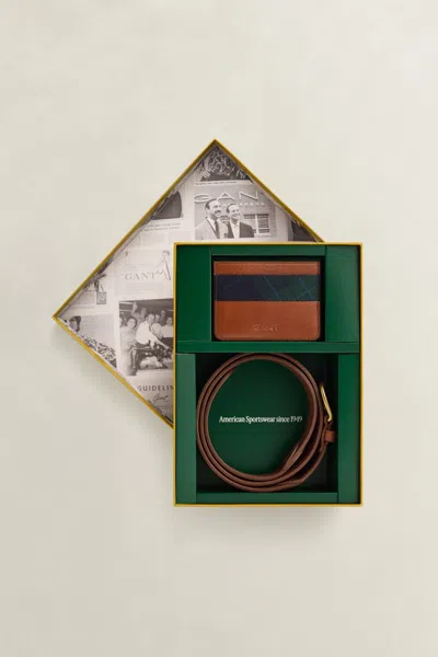Gant Checked Belt & Card Holder Gift Set In Brown