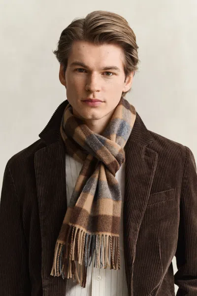 Gant Checked Wool Scarf In Khaki