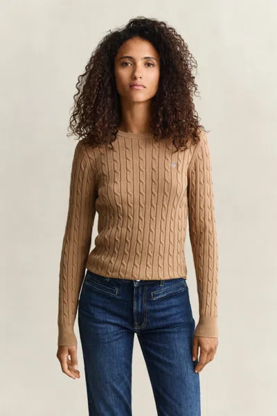 Gant Classic Cable Knit Sweater In Khaki