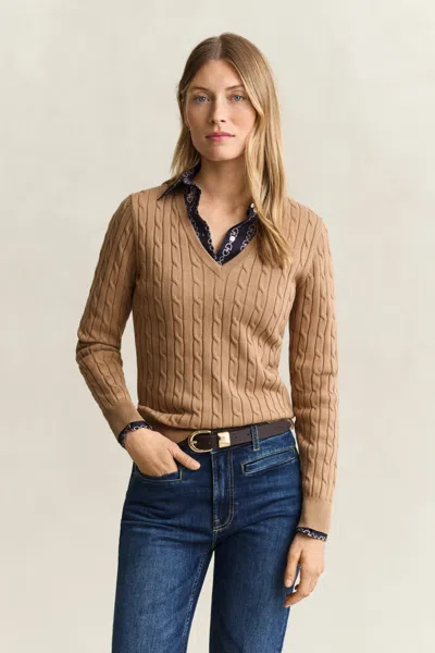 Gant Classic Cable Knit Sweater In Khaki