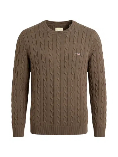 Gant Classic Cable-knit Embroidered-logo Sweater In Brown