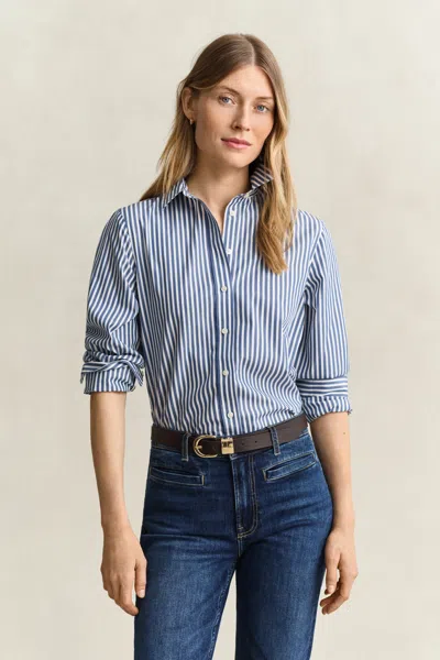 Gant Classic Regular Striped Poplin Shirt In Blue Horizon