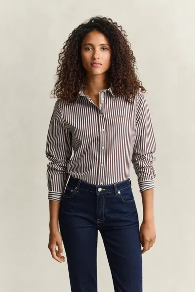 Gant Classic Regular Striped Poplin Shirt In Deep Brown
