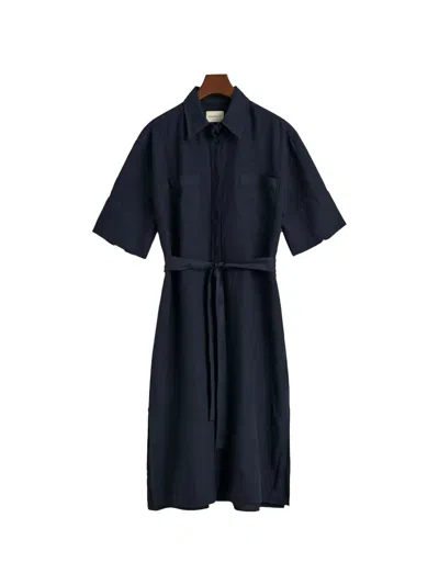 Gant Collared Belted Midi Shirt Dress In Blue