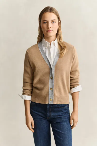 Gant Contrast Cardigan In Brown