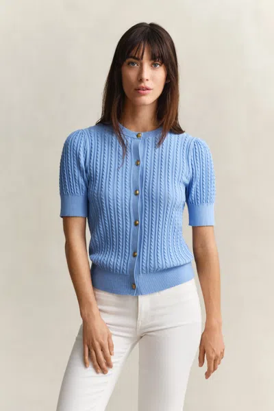Gant Cotton Cable Knit Cardigan In Blue