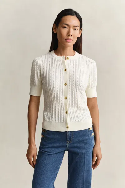 Gant Cotton Cable Knit Cardigan In Neutral