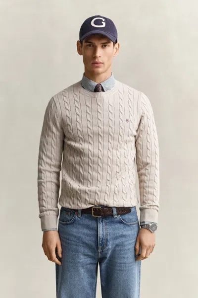 Gant Cotton Cable Knit Crew Neck Sweater In Neutral