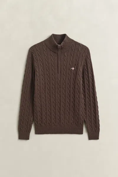 Gant Cotton Cable Knit Half-zip Sweater In Brown