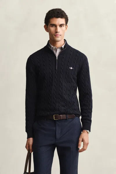 Gant Cotton Cable Knit Half-zip Sweater In Blue