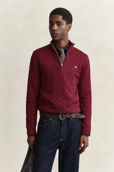 Gant Cotton Cable Knit Half-zip Sweater In Red