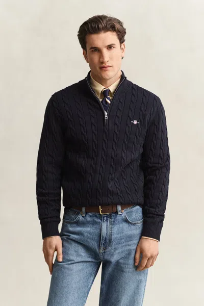 Gant Cotton Cable Knit Half-zip Sweater In Black