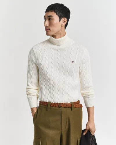 Gant Cotton Cable Knit Turtleneck Sweater In White