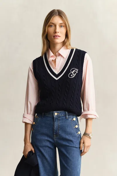 Gant Cotton Cable Knit Vest In Black