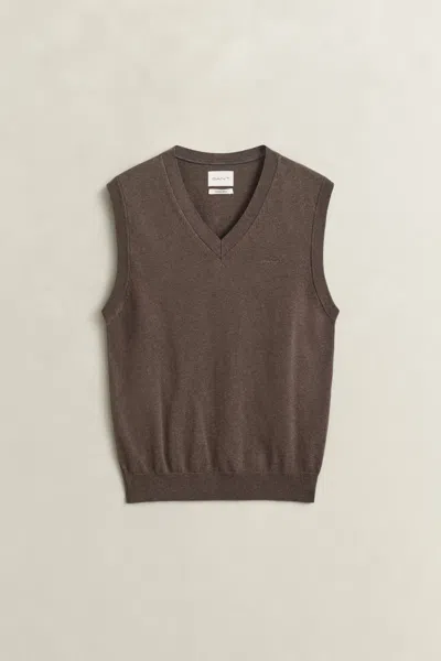 Gant Cotton Wool V-neck Vest In Brown