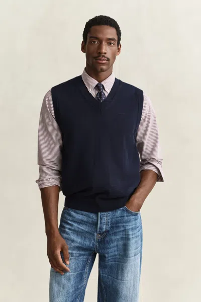 Gant Cotton Wool V-neck Vest In Blue