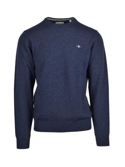 Gant Crew Neck Wool Sweater With Embroidered Logo Detail In Blue