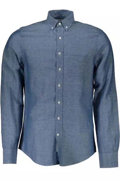 Gant Ele Long Sleeve Linen-blend Men's Shirt In Blue