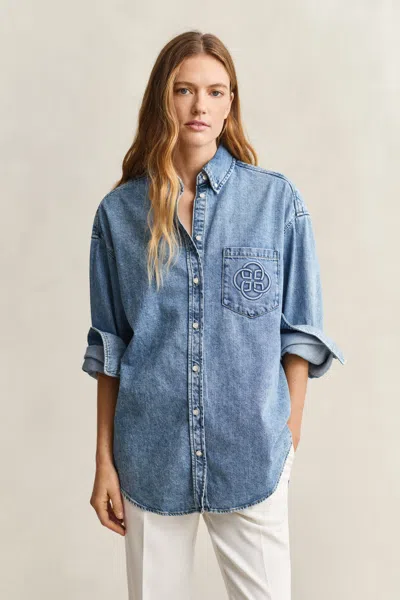 Gant Embroidered Denim Shirt In Blue