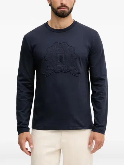 Gant Embroidered-logo Long-sleeve T-shirt In Blue