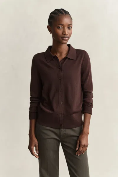Gant Extra Fine Merino Wool Cardigan In Deep Brown