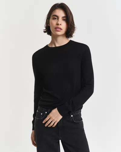 Gant Extra Fine Merino Wool Crew Neck Sweater In Black