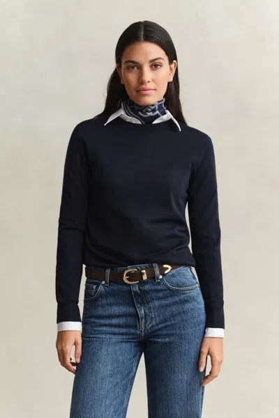 Gant Extra Fine Merino Wool Crew Neck Sweater In Blue