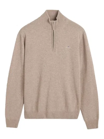 Gant Half Zip Lambswool Sweater In Neutral