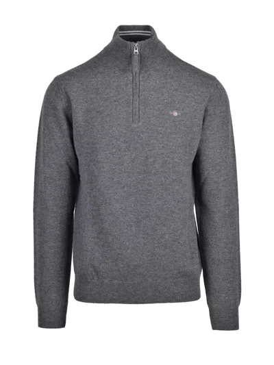 Gant Half-zip Wool Sweater With Ribbed Detailing In Gray