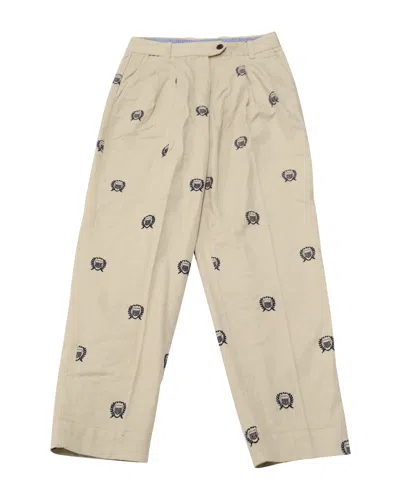 Gant High-waisted Crest Embroidery Pleated Chinos In Beige Print Cotton
