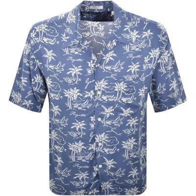 Gant Logo Island Print Revere Collar Short Sleeve Shirt In Blue