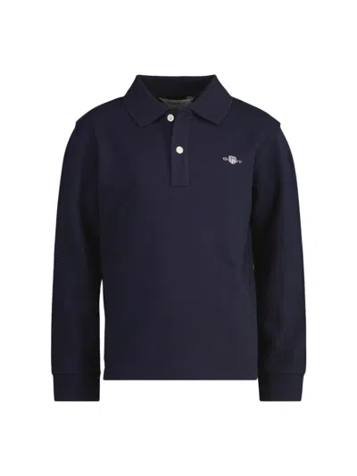 Gant Kids Shield Long Sleeve Piqué Polo Shirt In Evening Blue